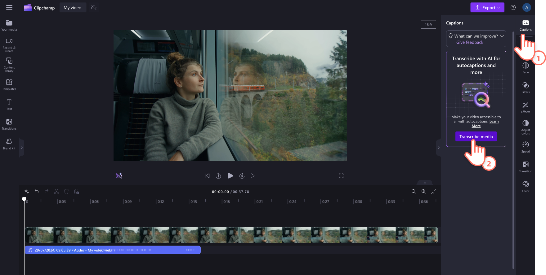 Image of a user clicking on captions then transcribe media to generate autocaptions.