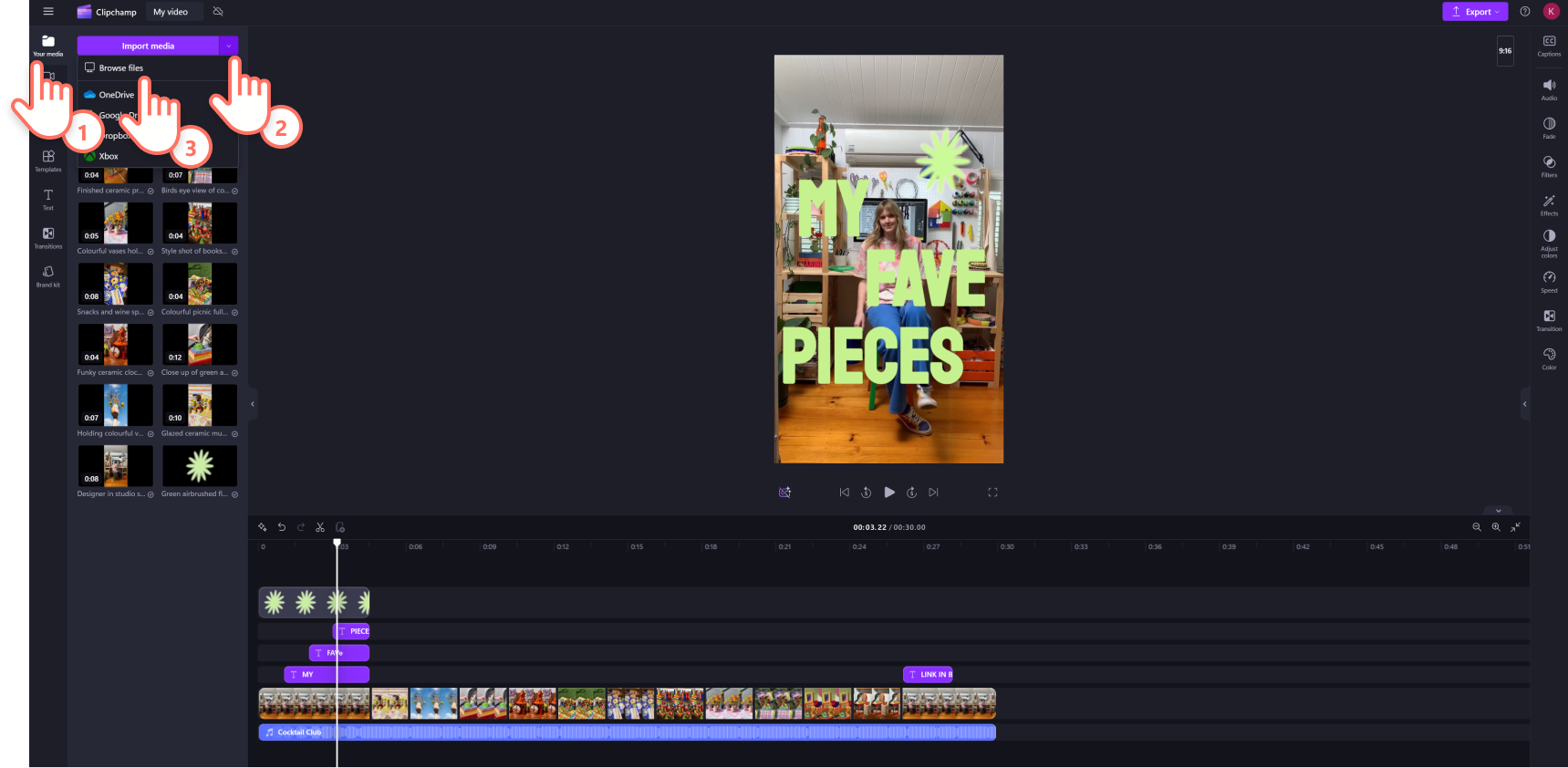 A screenshot of a Clipchamp user importing their media.