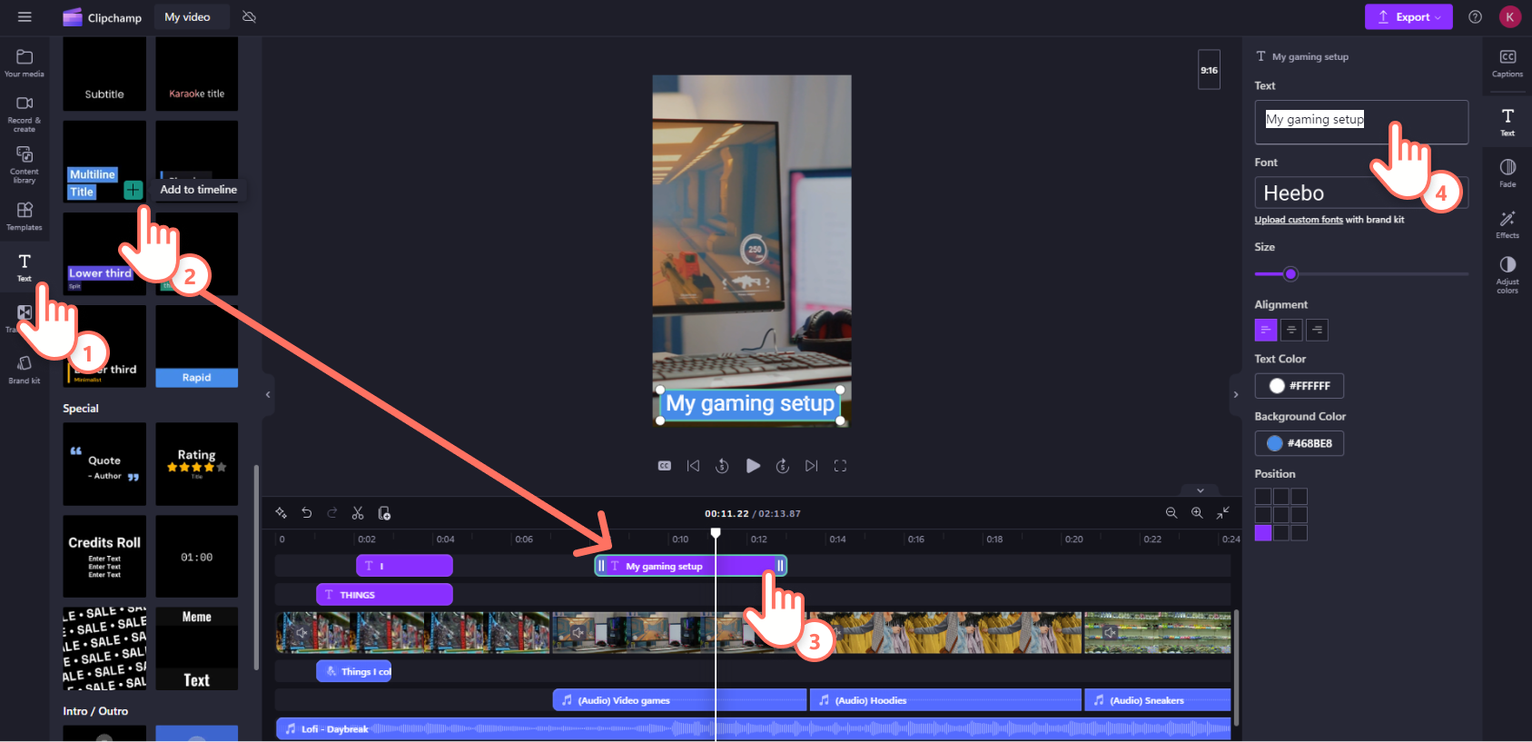 A screenshot of a Clipchamp user adding and changing text.