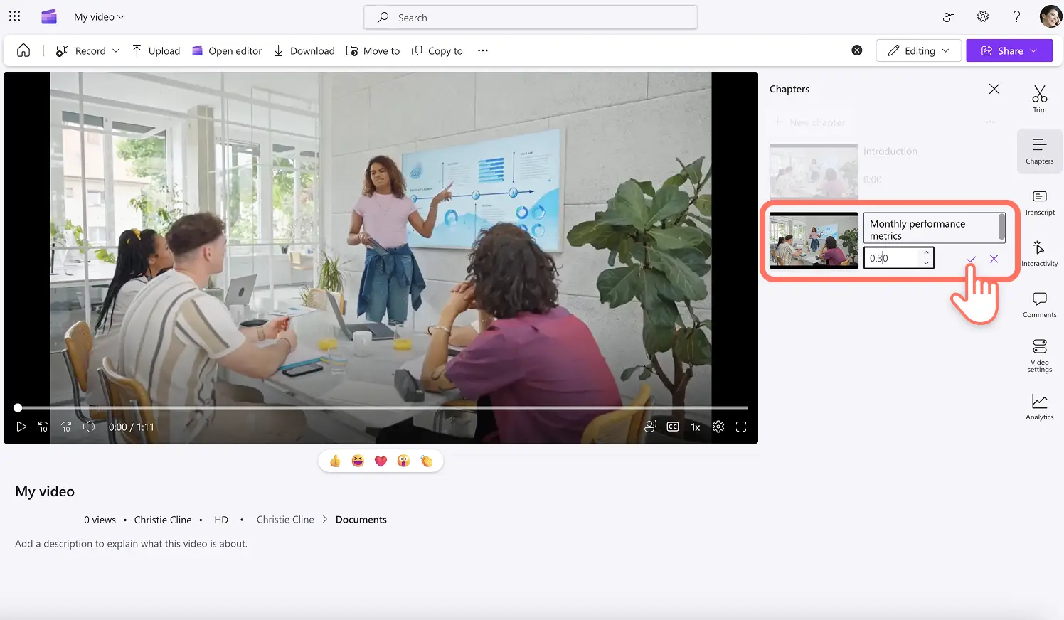 A user creating a video chapter in Clipchamp.