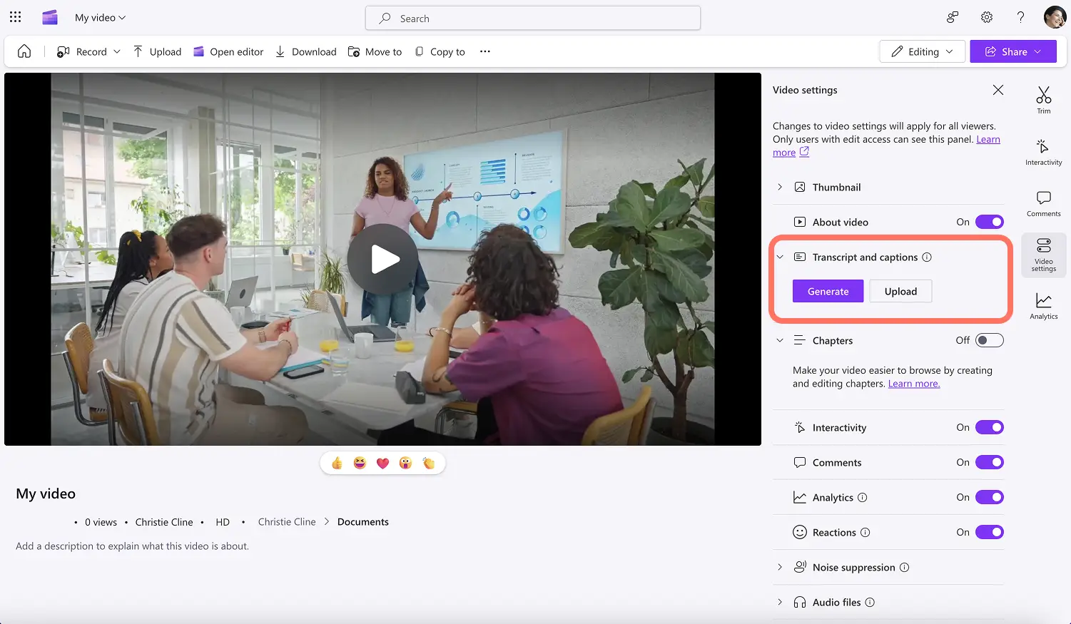 A user creating a video transcript in Clipchamp.