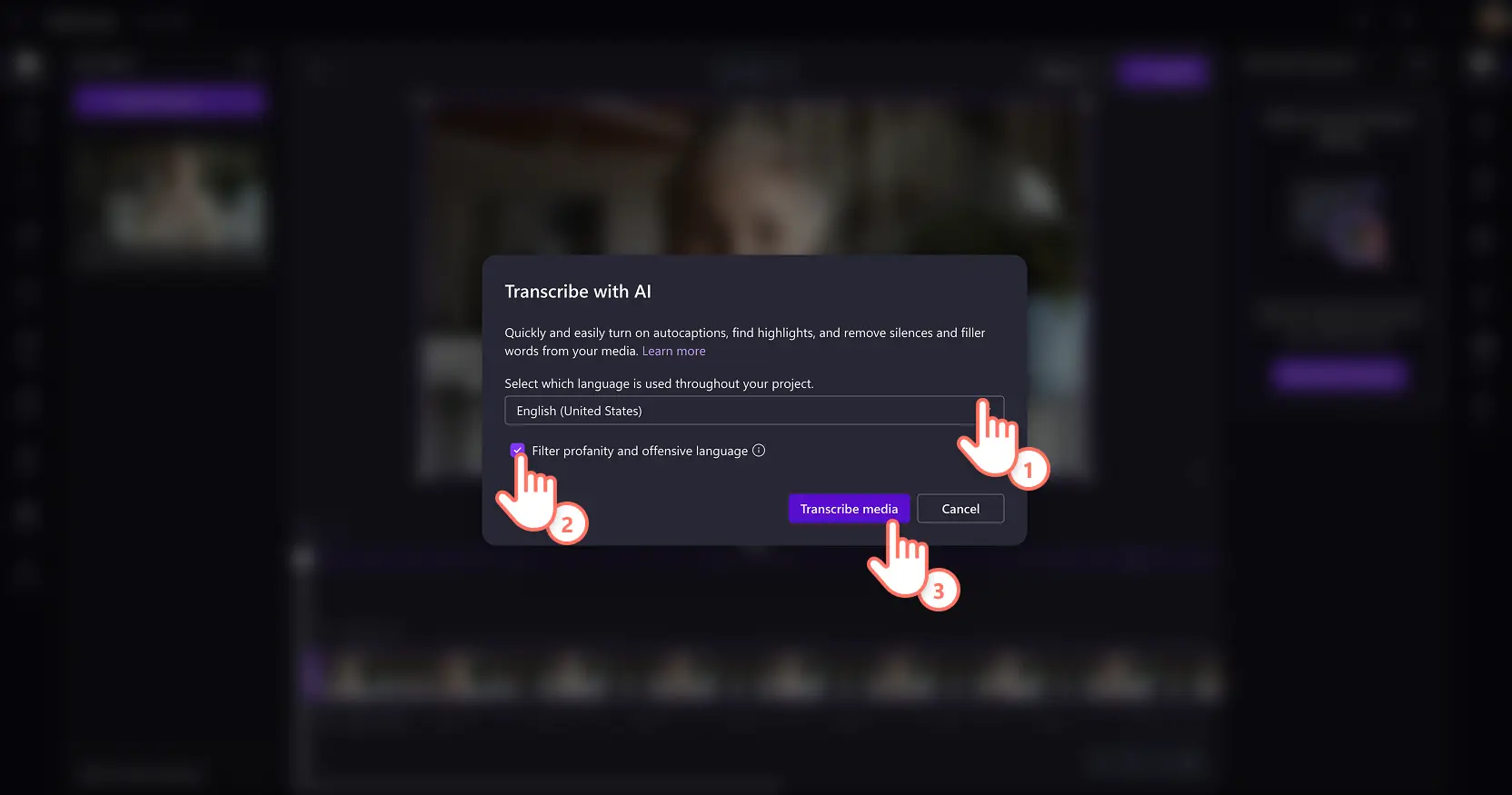 A user selecting AI transcription language in Clipchamp video editor for work