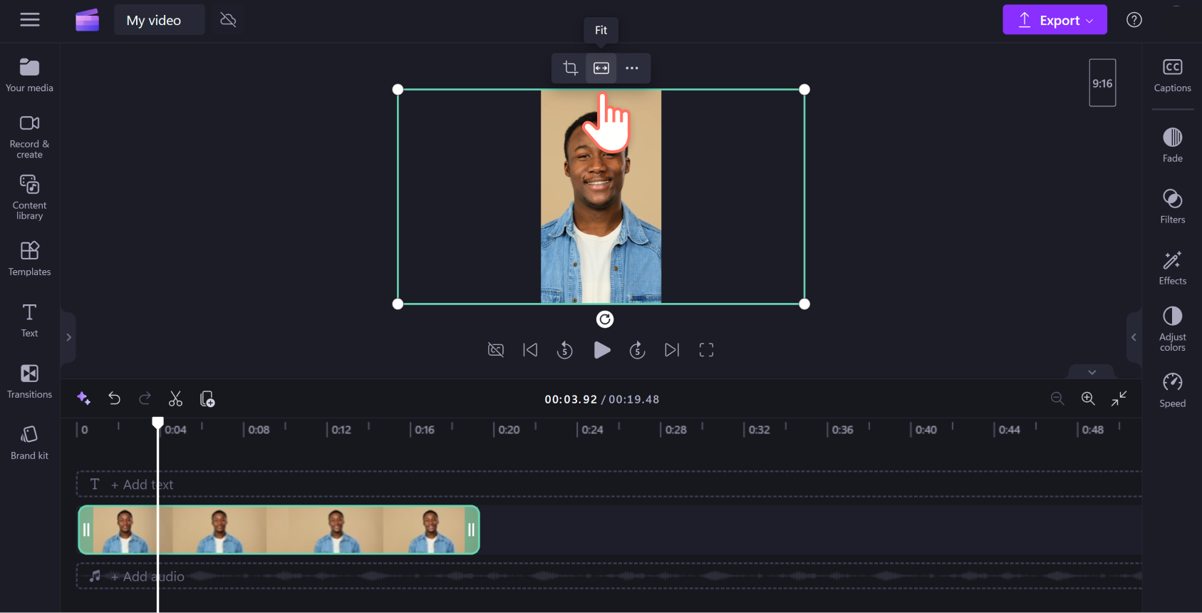 An image of a Clipchamp user hovering their cursor above the fit button.