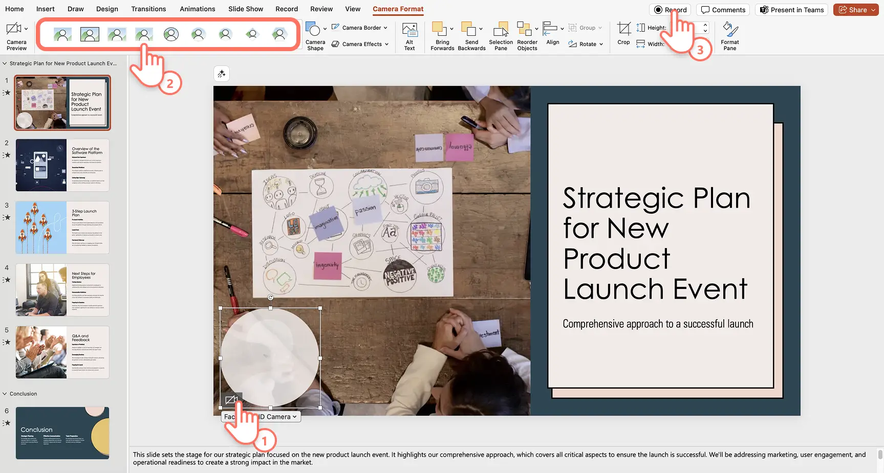 A user selecting the camera source, camera shape and record Cameo button in PowerPoint
