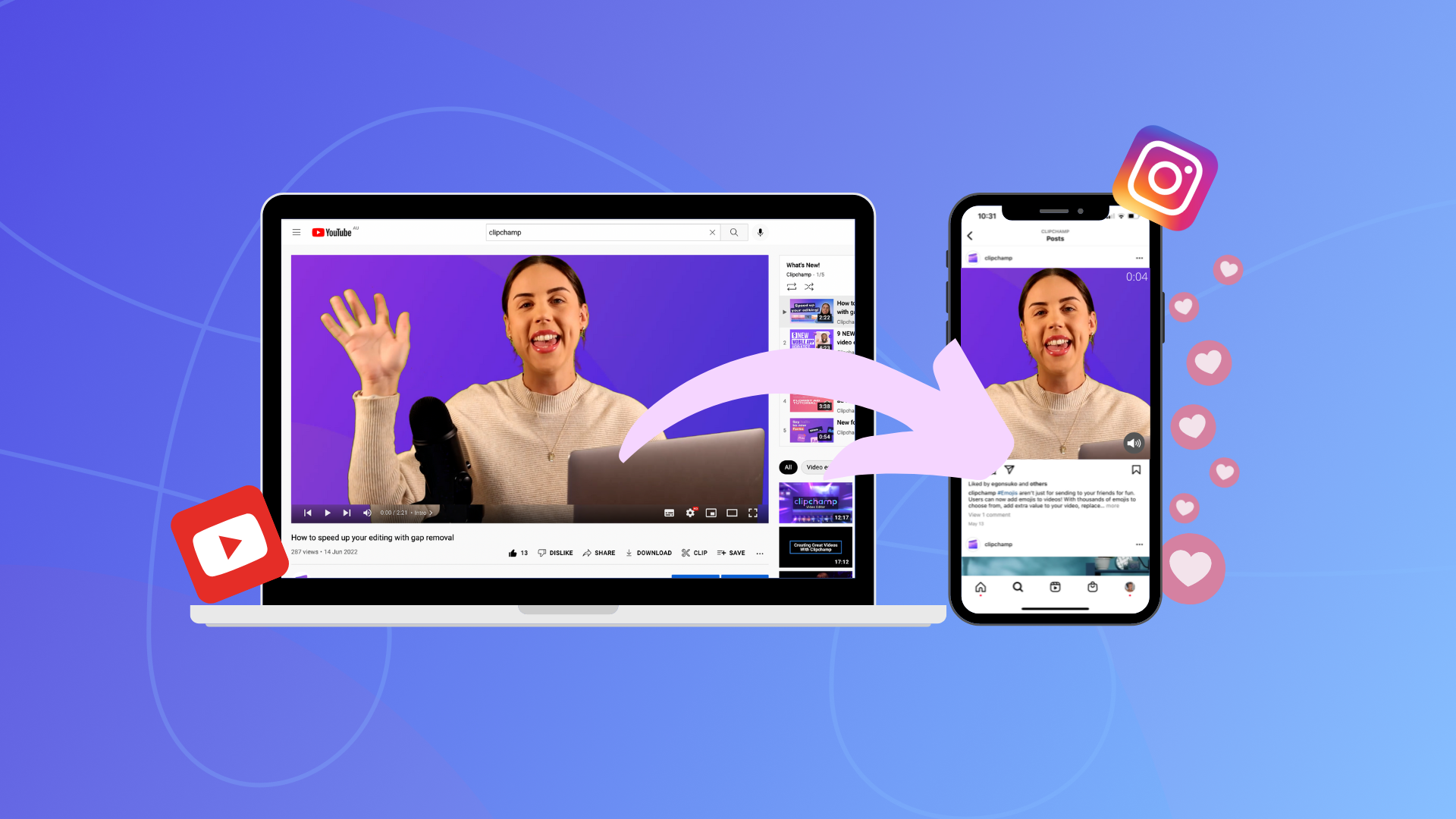Image of a YouTube video on laptop shared to Instagram on a smartphone.