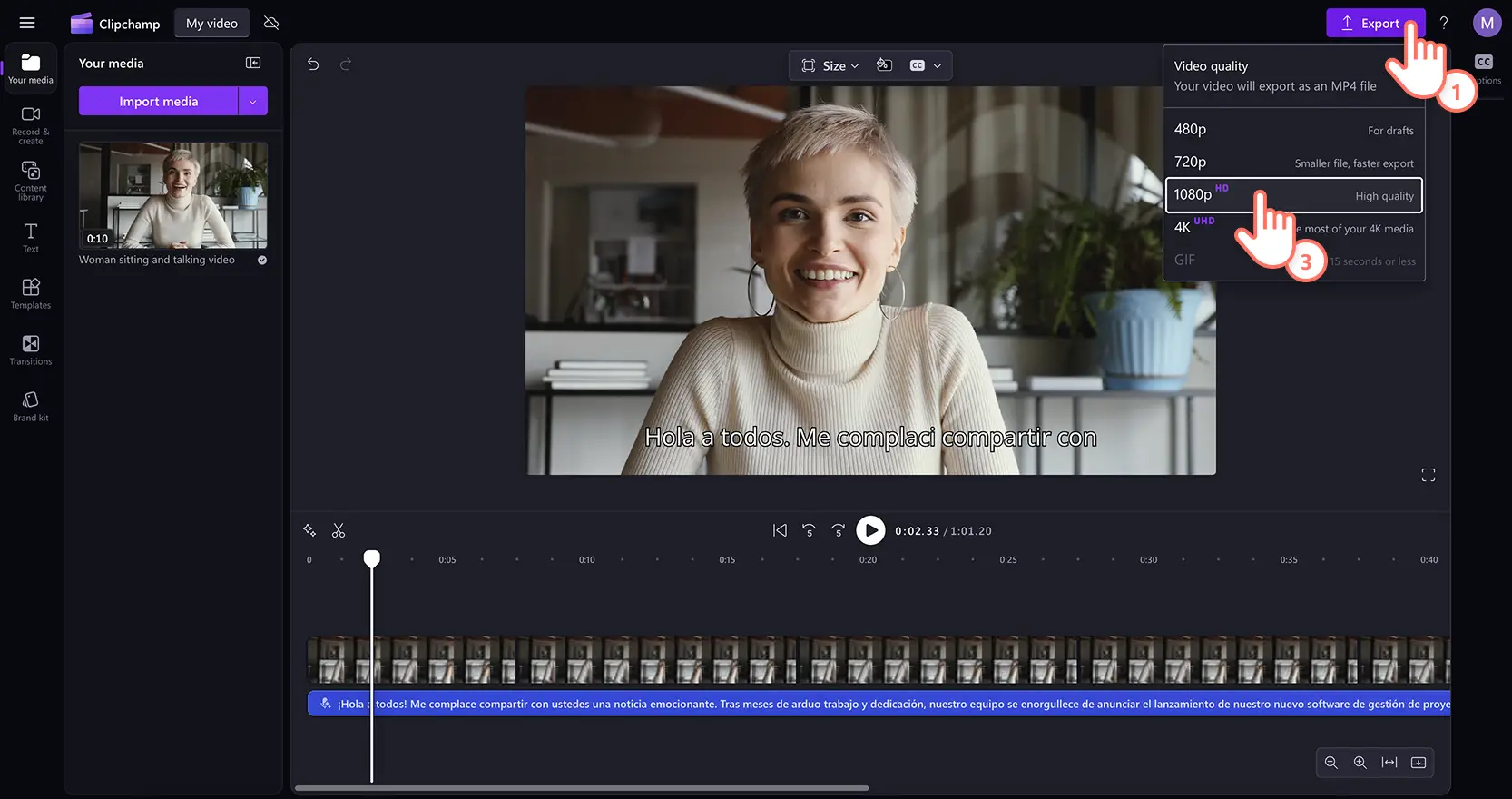 A user exporting a high quality video in Clipchamp video editor.