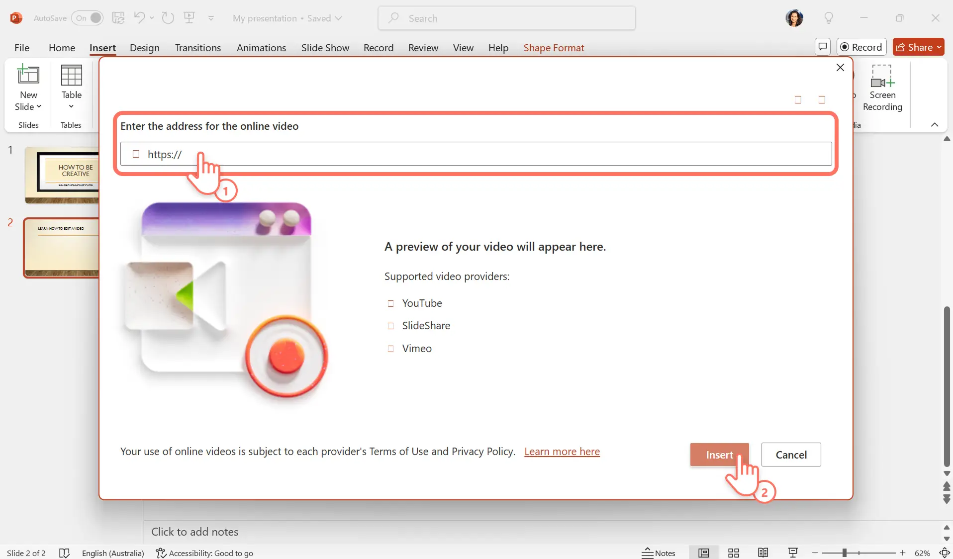 Pengguna menempelkan URL ke pop up sematan PowerPoint