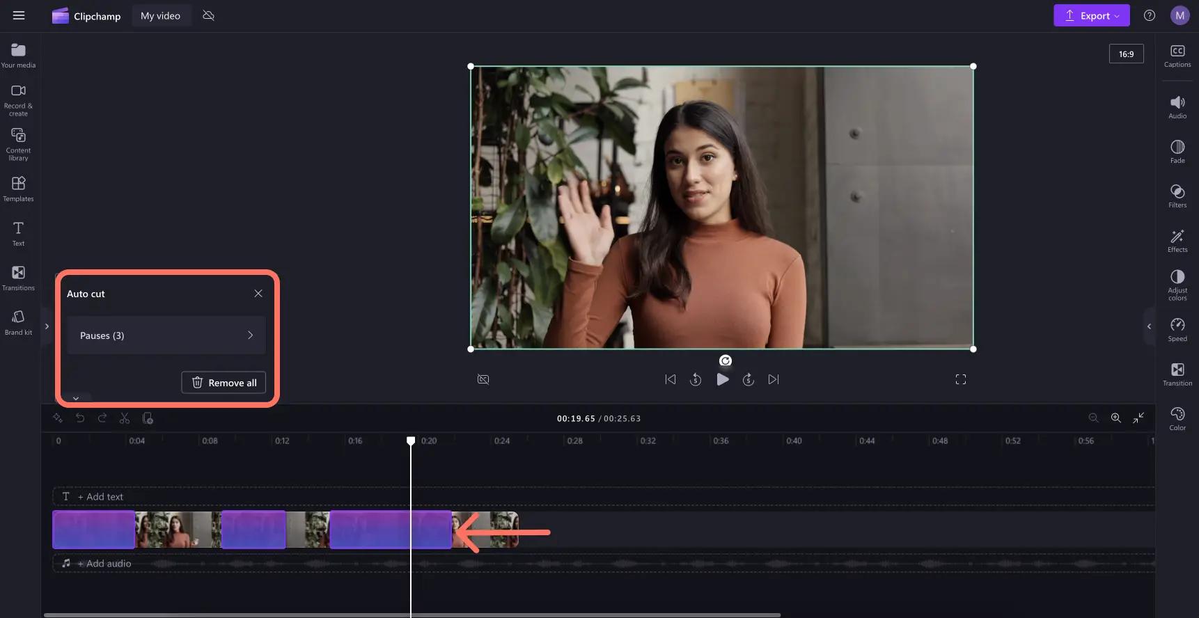 A user viewing the AI detected pauses in a video in Clipchamp.