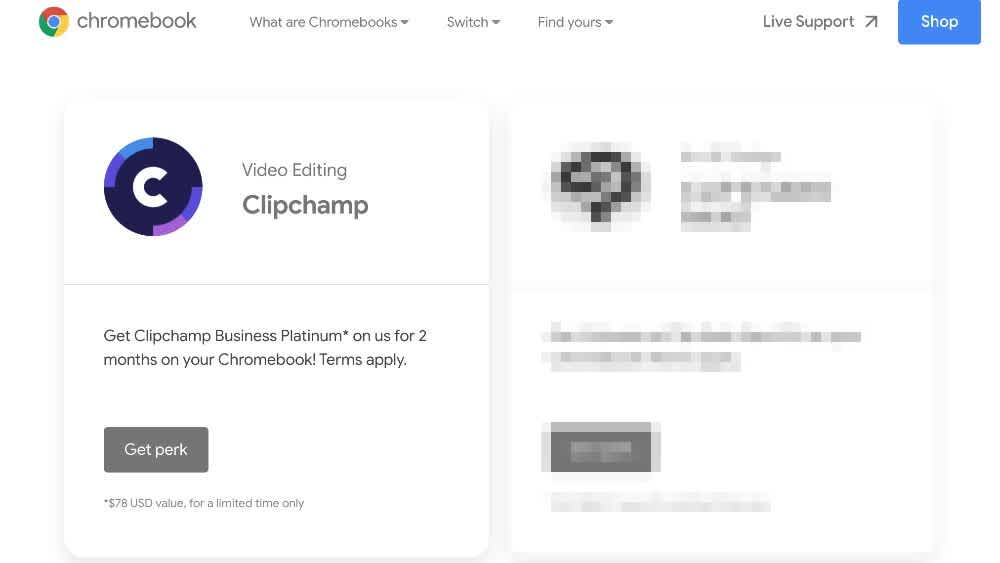 ChromePerksホームページにあるClipchampタブの詳細スクリーンショットで す。
