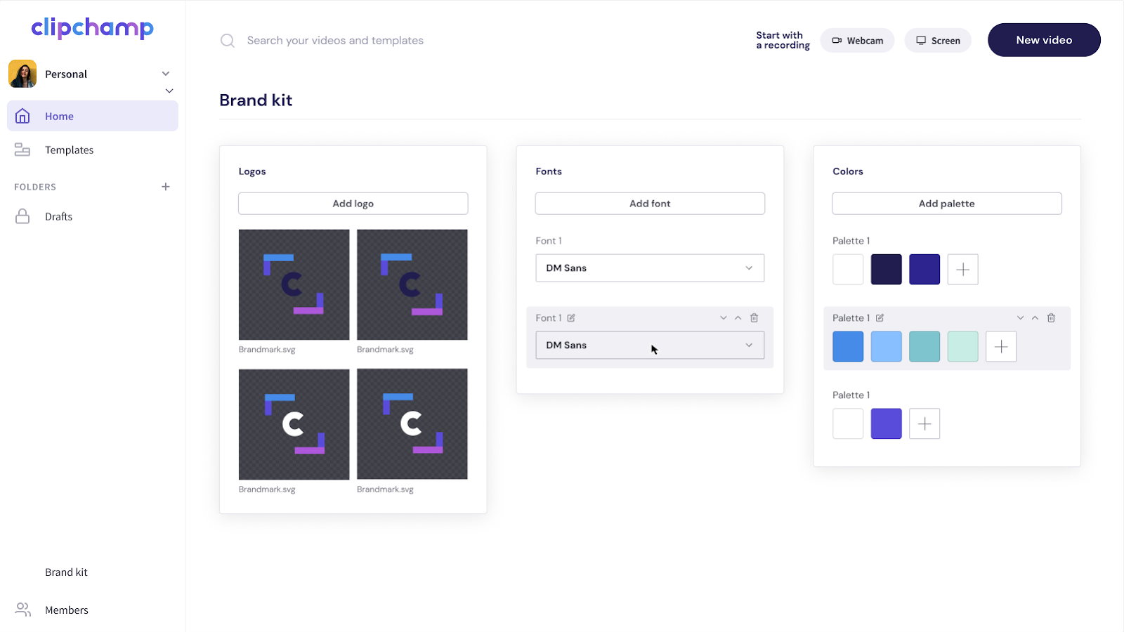 The brand kit space on the Clipchamp video editor home page. Logo, font, and color options are visible.