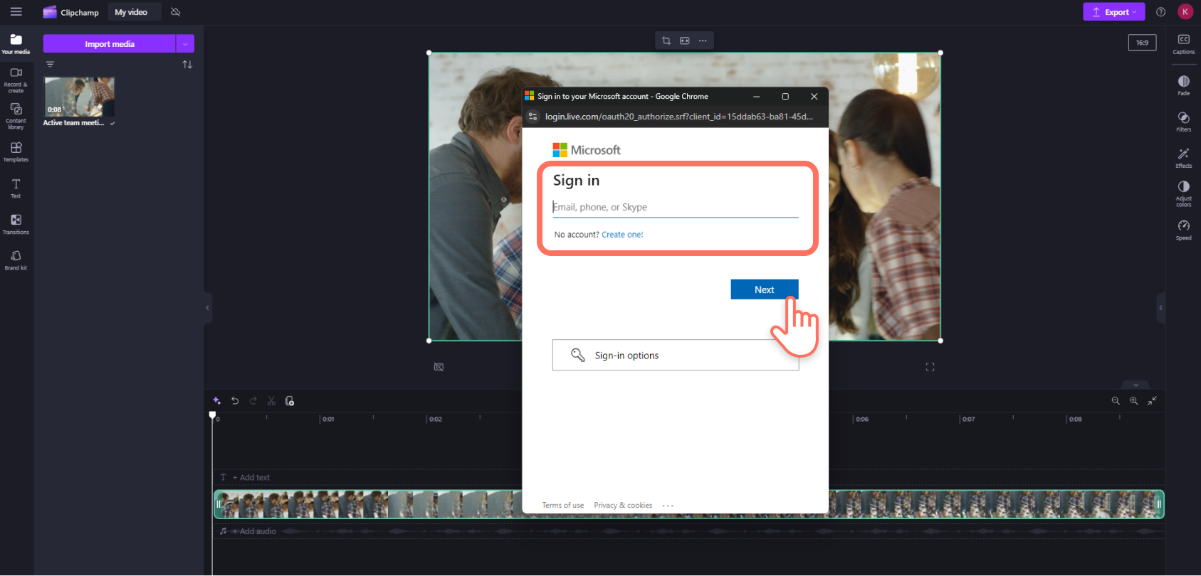 An image of a Clipchamp user signing into Microsoft OneDrive using the pop-up window.