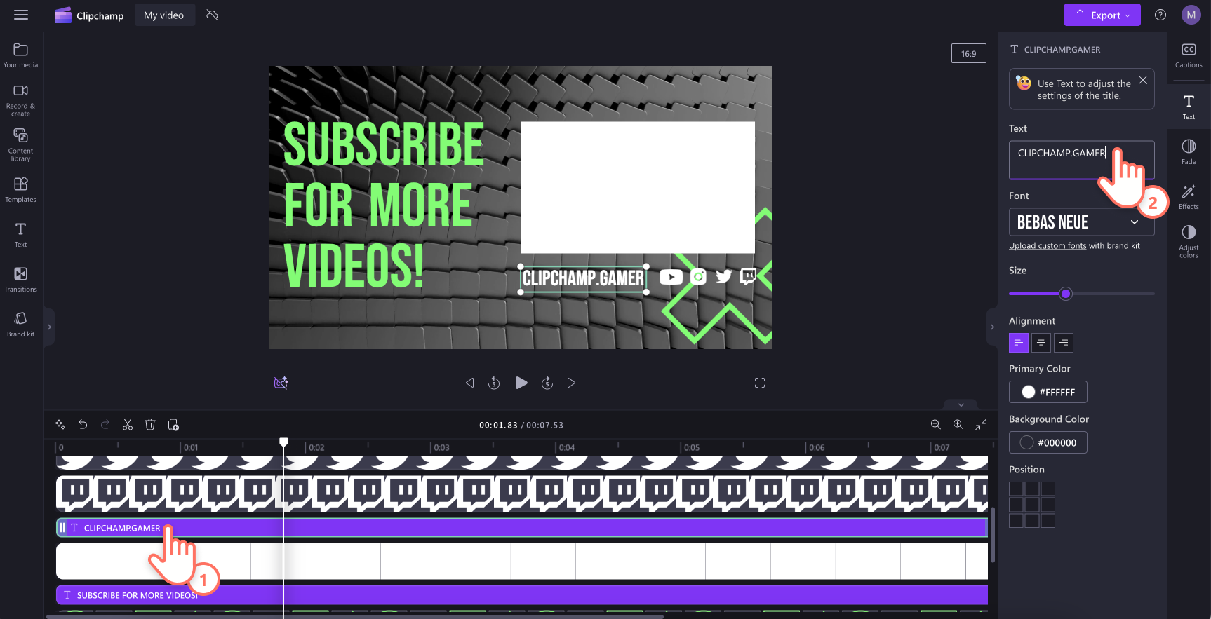 Hình ảnh người dùng chọn thành phần văn bản trong Clipchamp