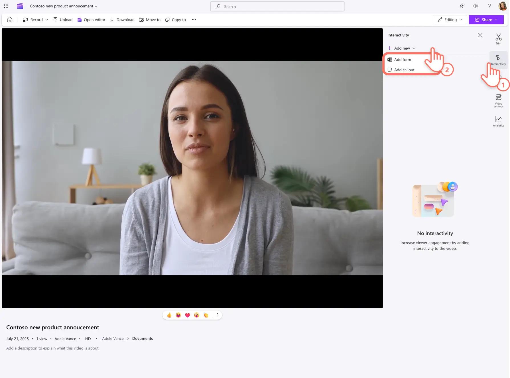 An image of a video interactivity tab in Clipchamp