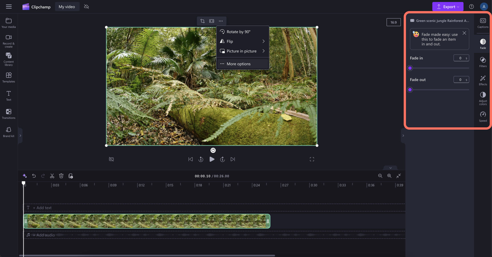 Image of a user clicking on more options to access the property panel in Clipchamp.