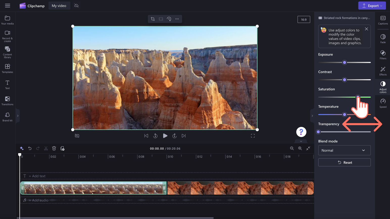 An image of a user editing the saturation of a video using the slider.