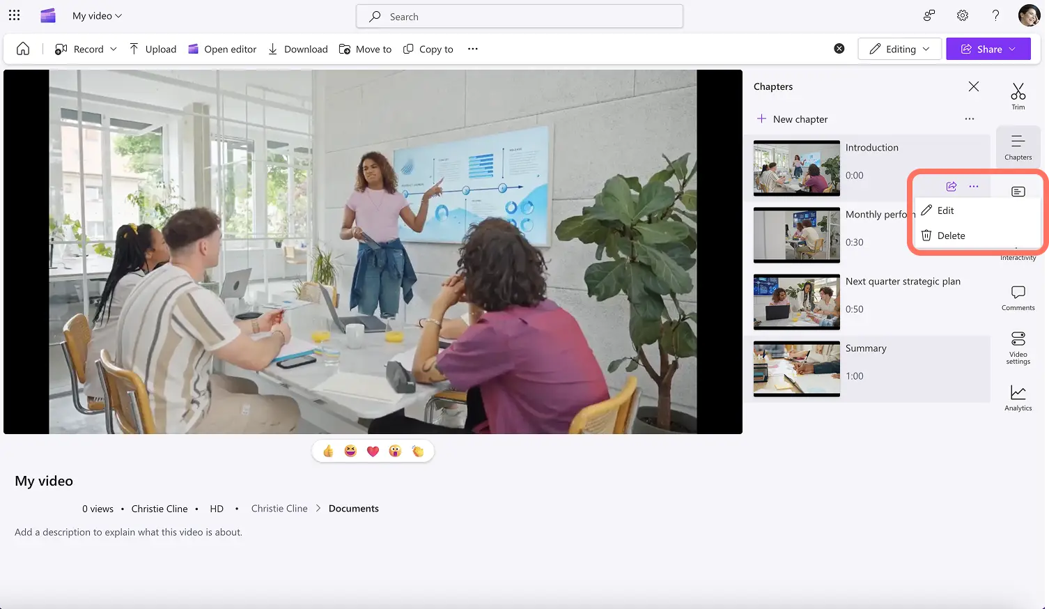 A user editing or deleting a chapter from video in Clipchamp.
