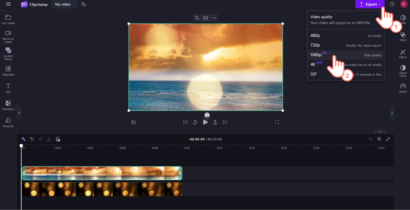 A user exporting their video in 1080p HD resolution in Clipchamp.