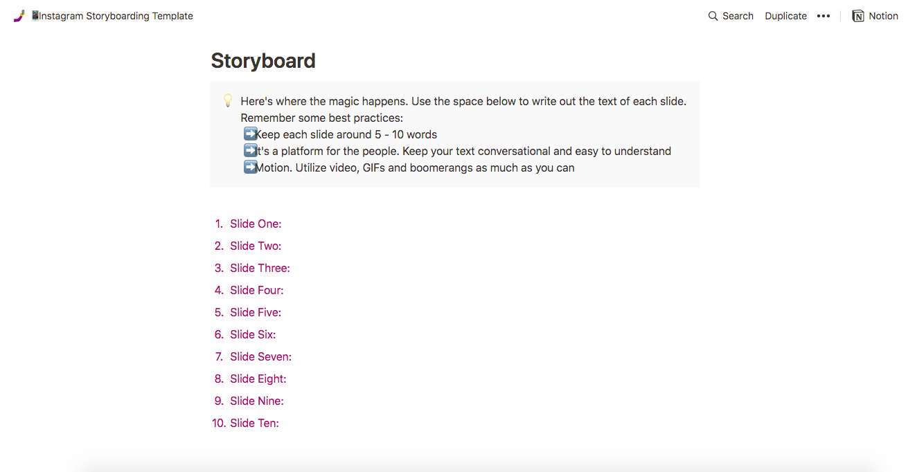 Notion storyboard template 