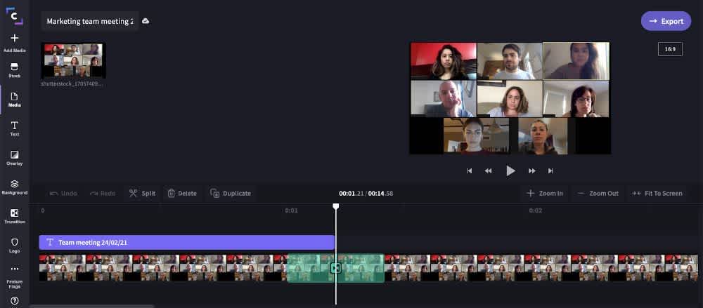 A Zoom recording is being edited in Clipchamp. The editing timeline shows the recording being trimmed, a transition and title are also added.