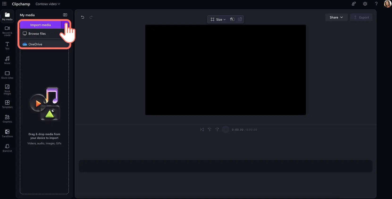 A user importing video media from computer or OneDrive in Clipchamp video editor for work