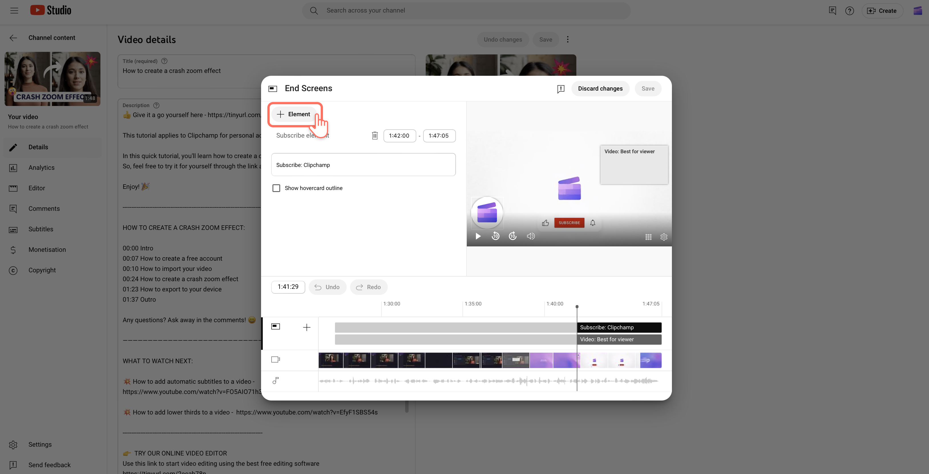 Add end card element to a video