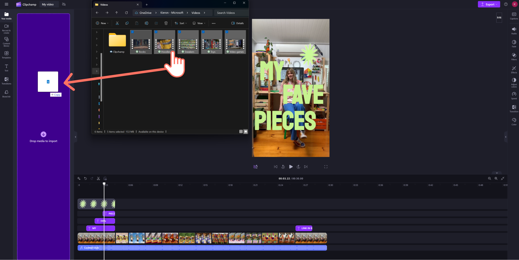 A screenshot of a Clipchamp user dragging personal video footage into the editor.