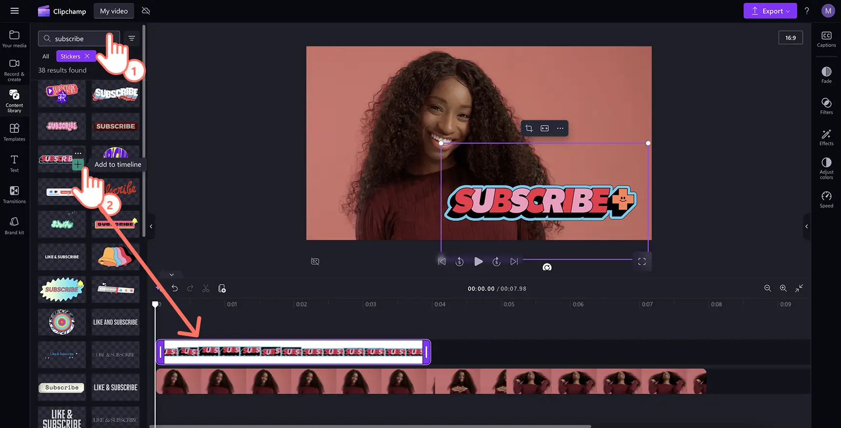 A user adding a text sticker onto the timeline in Clipchamp