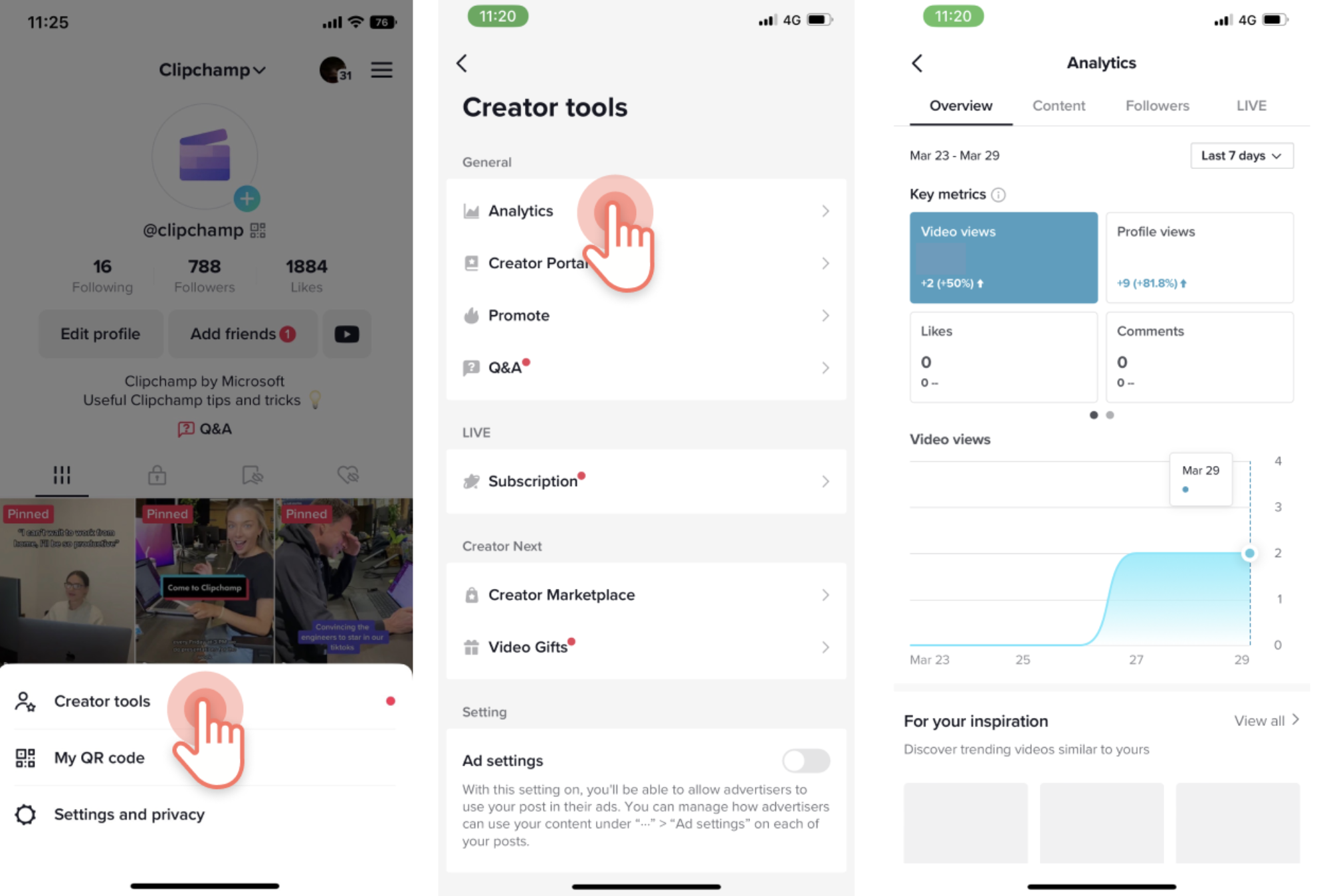 Screenshot of how to access TikTok's analytics platform from the mobile app