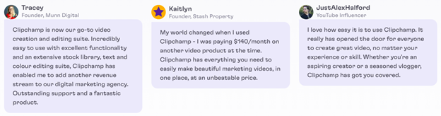 Screenshot of customer testimonials on Clipchamp