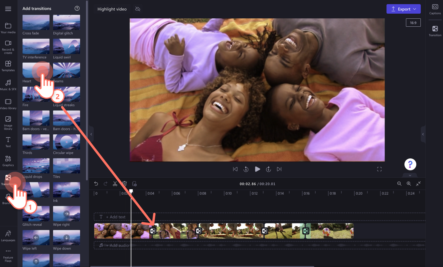 An image of a user adding a transition between two clips.