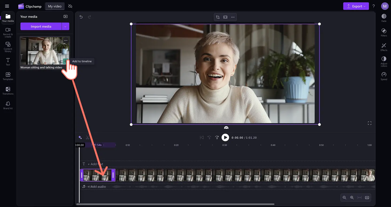 A user adding a video to the timeline in Clipchamp video editor.