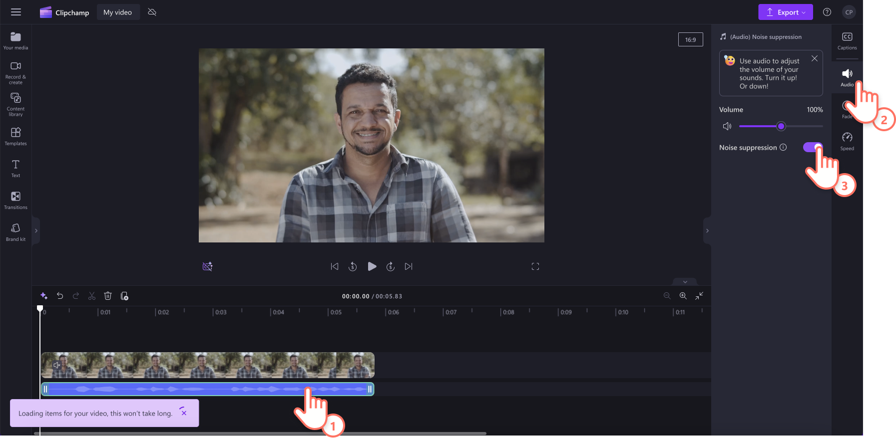 An image of a user turning on the noise suppression toggle.