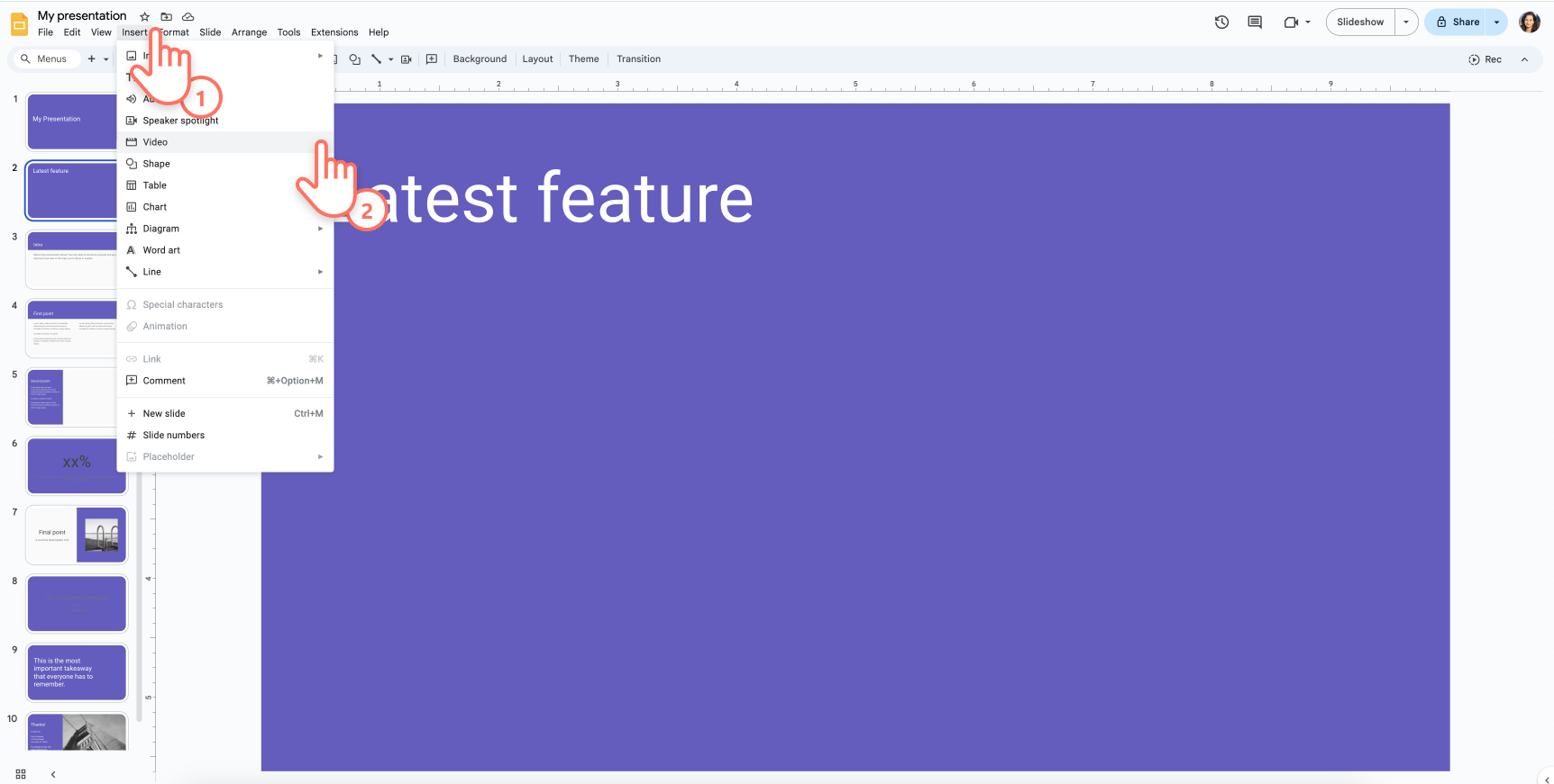 Google Slides video embed options