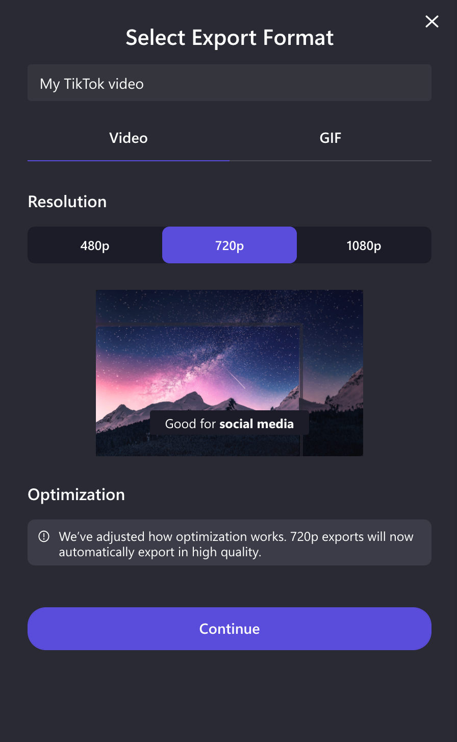 A screenshot fo the resolution setting in Clipchamp, 720p resolution is selected.