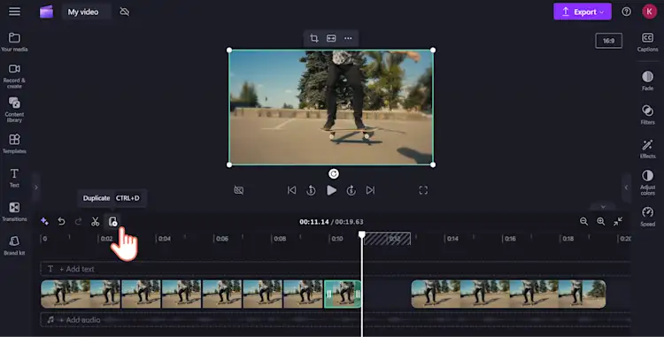 An image of a Clipchamp user duplicating a particular section of a video clip.