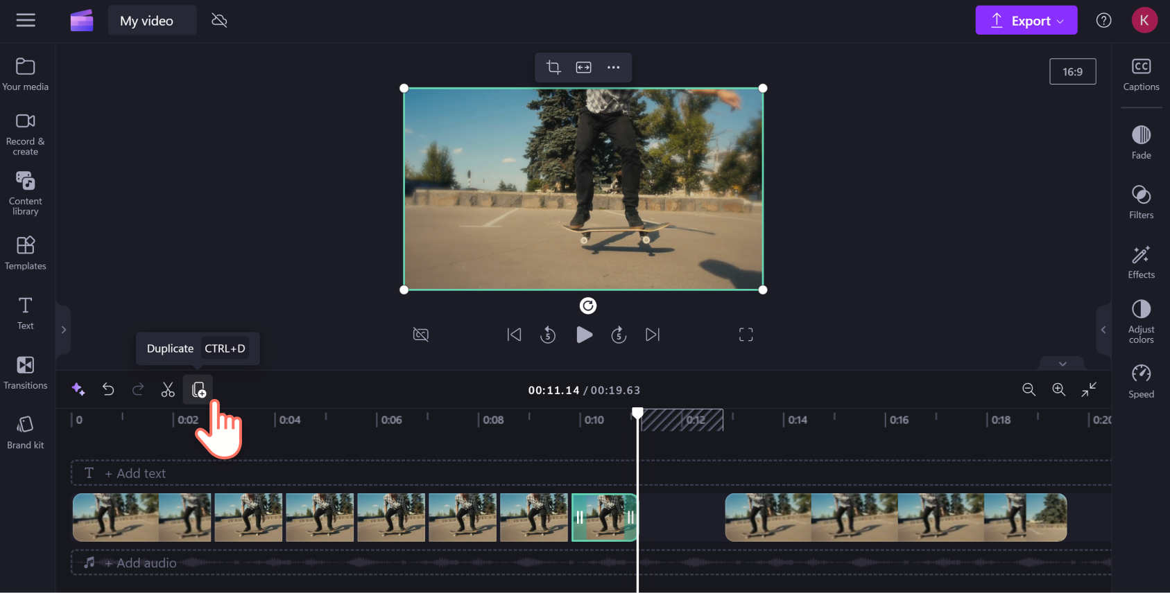 An image of a Clipchamp user duplicating a particular section of a video clip.