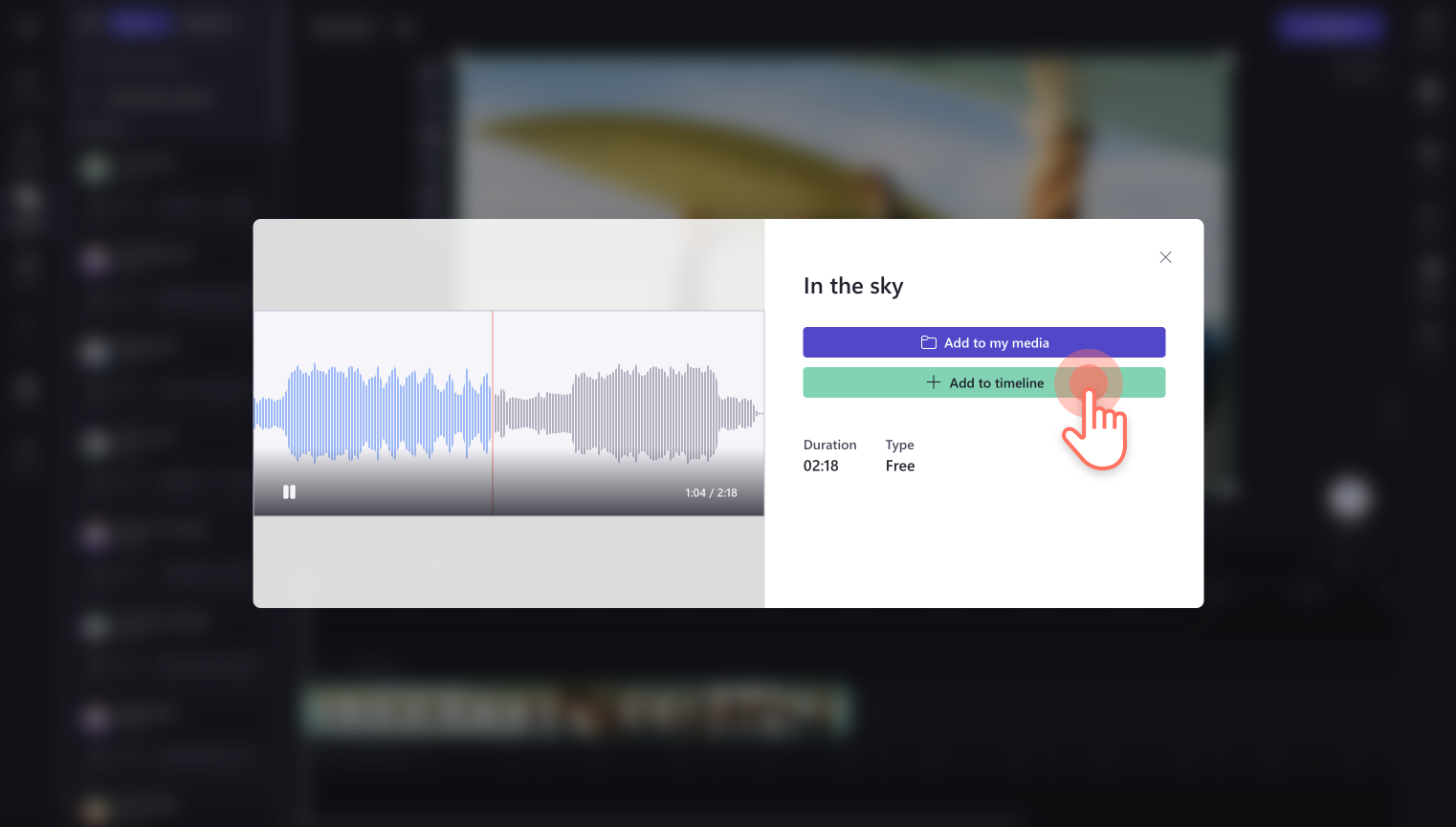 An image of a user viewing a music track in full screen then clicking add to timeline.