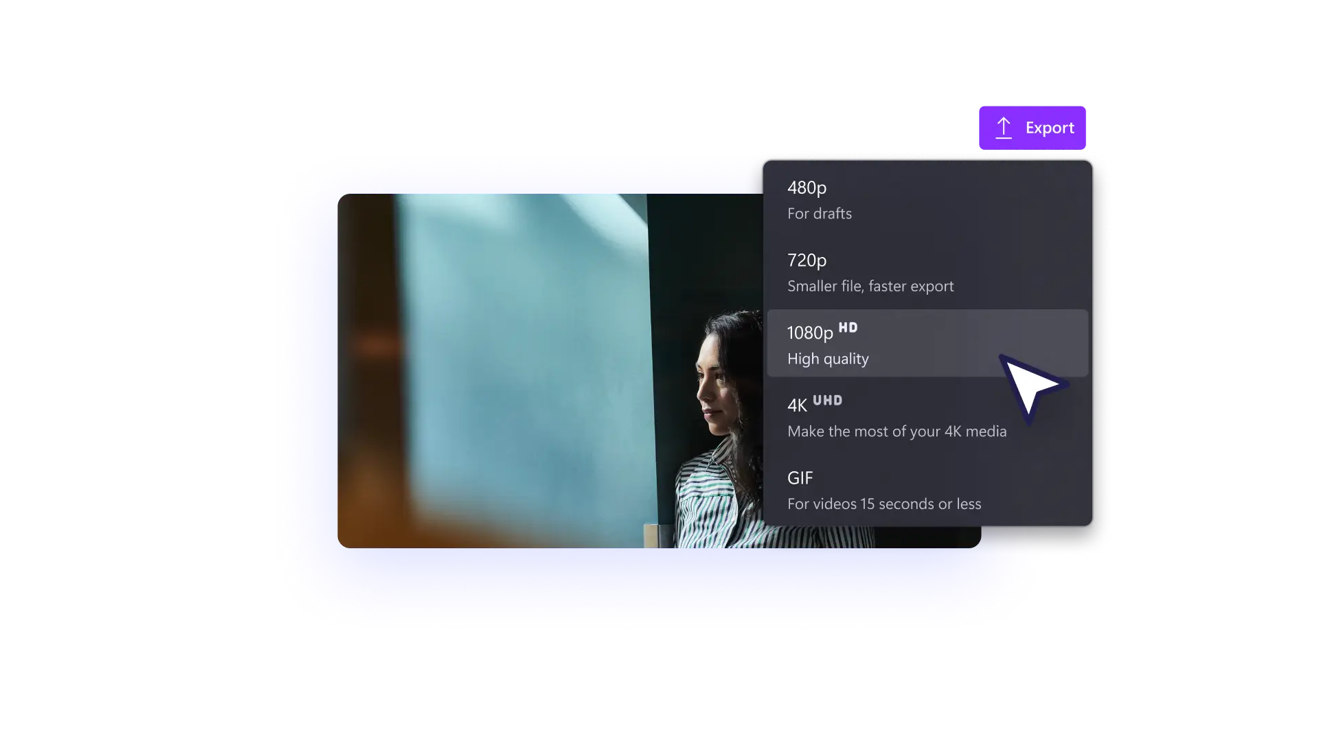 Imej menunjukkan pilihan untuk menyimpan video dalam resolusi yang berbeza dalam Clipchamp.