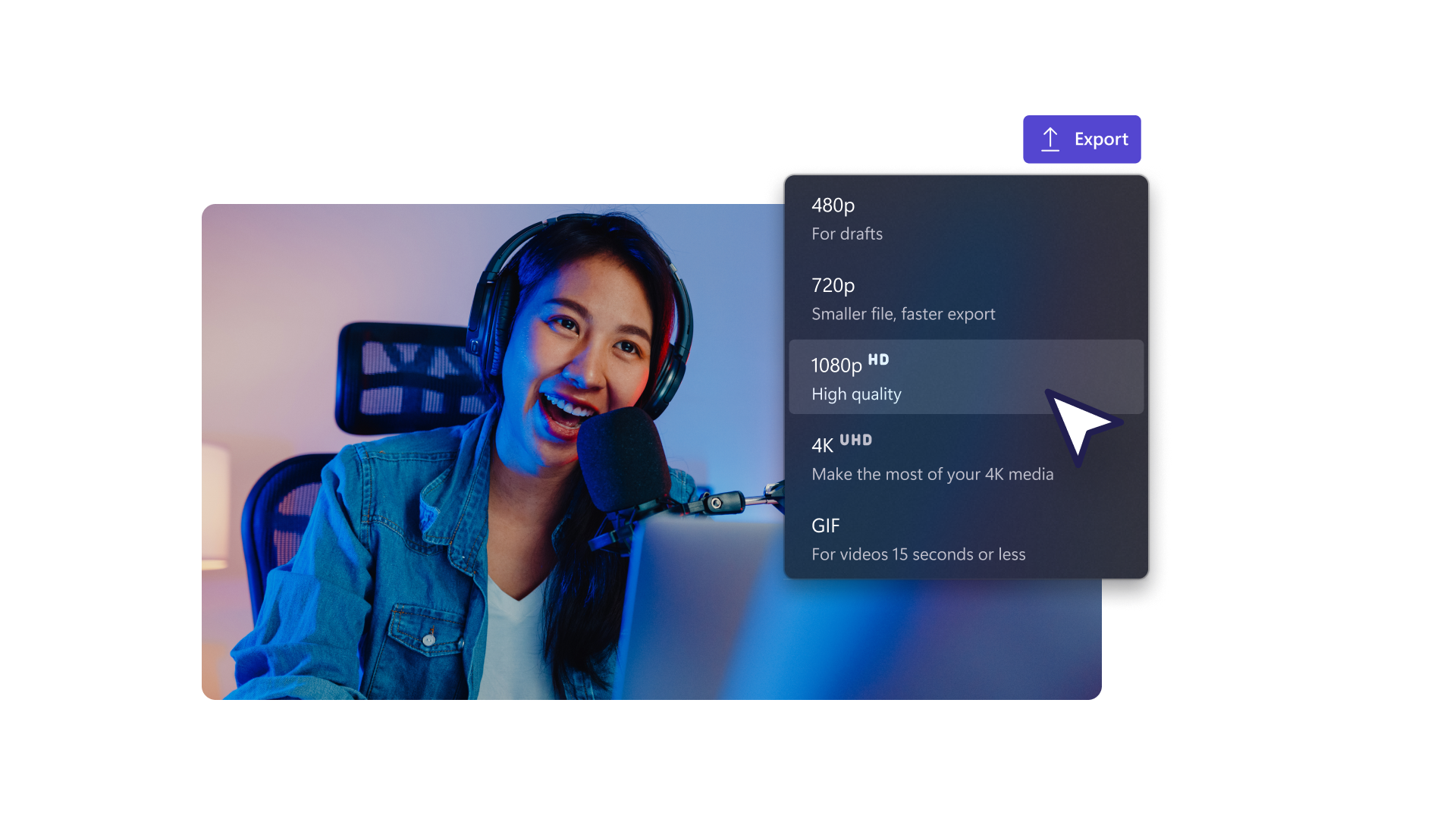 Image showing options to save video in different resolutions in Clipchamp.