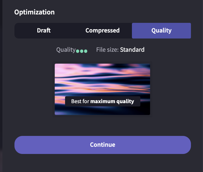 A screenshot showing the Clipchamp optimization quality option.