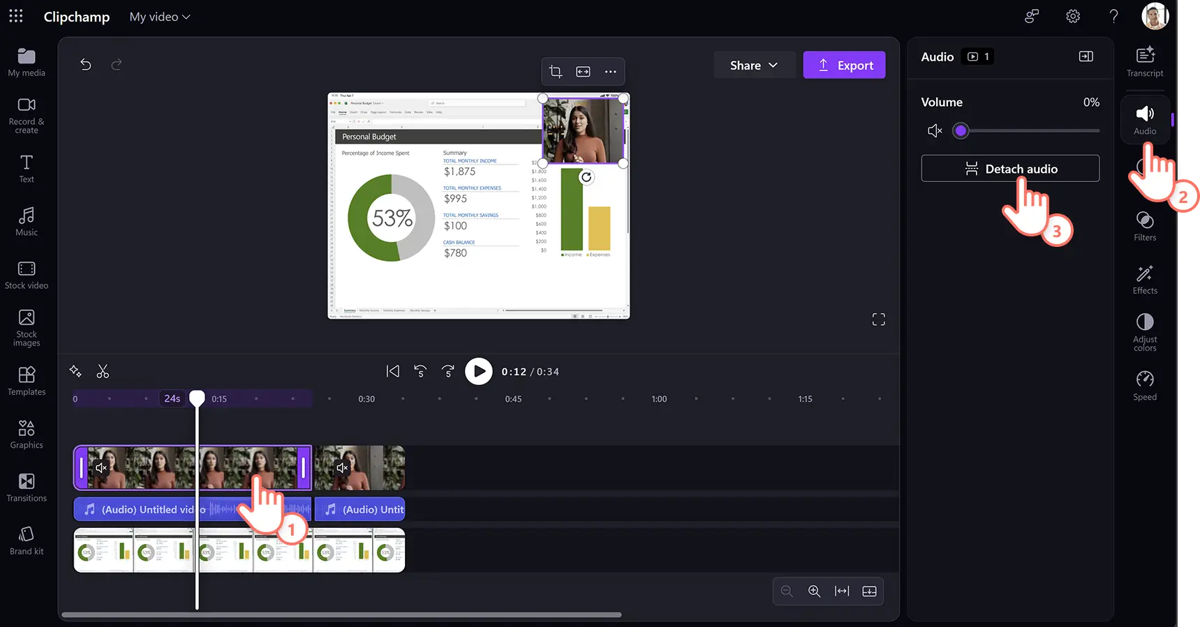 A user detaching audio in a product demo video in Clipchamp for work.