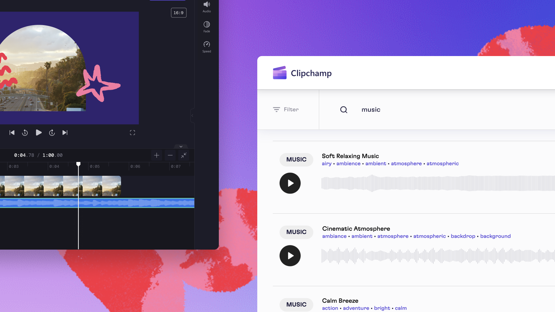 An image of Clipchamp's royalty-free stock music library. 