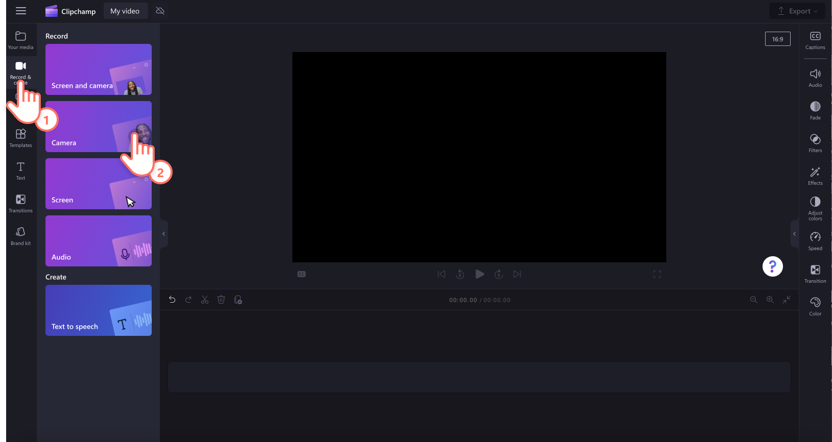 Select the camera recording tool in Clipchamp