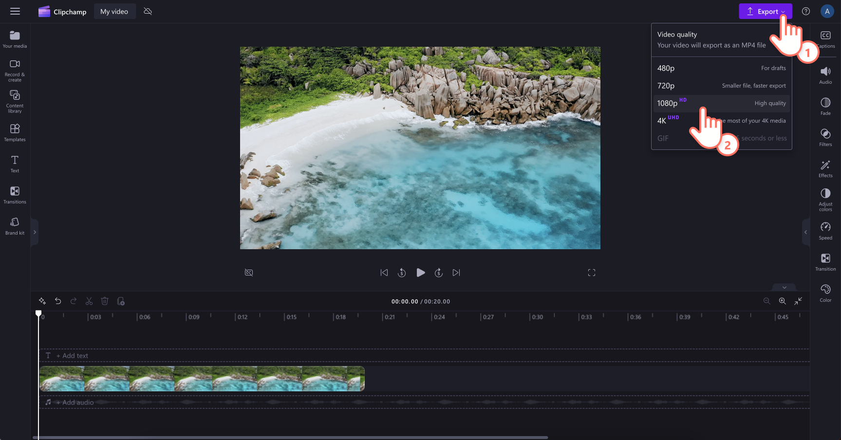 An image of a user saving their video by clicking on the export button.