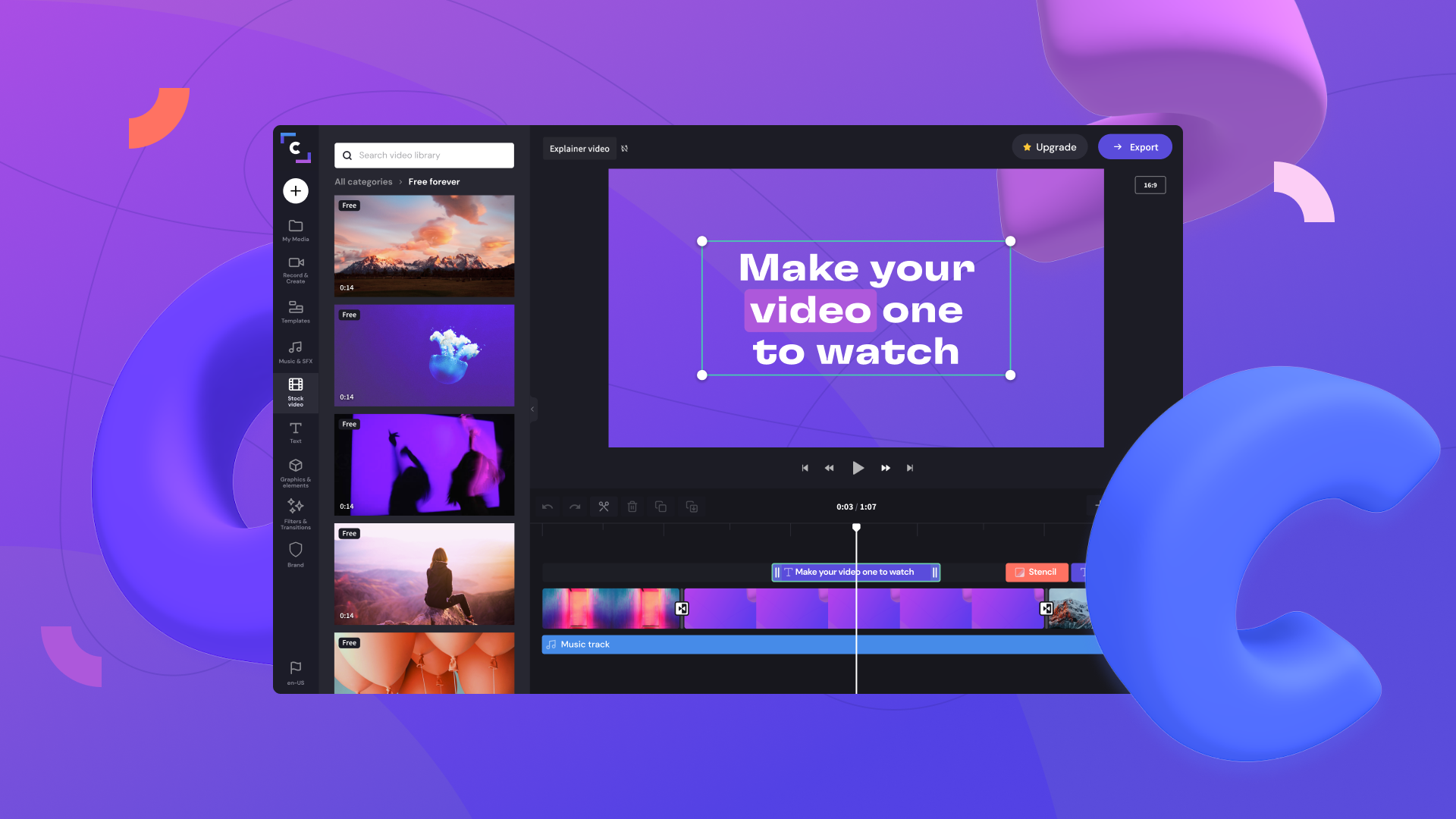 Clipchamp қолданбасының скриншоты түрлі-түсті фонда орналасқан. Clipchamp қолданбасында өңделетін бейне "Make your video one to watch" мәтінін қамтиды.