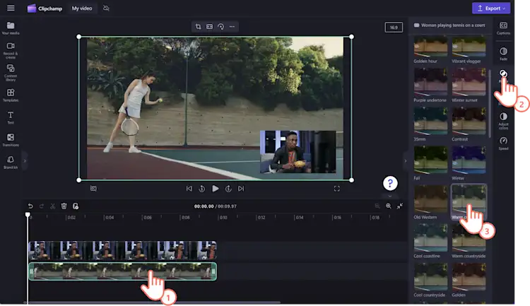 Obraz przedstawiający użytkownika dodającego filtr do wideo, używając filtrów w panelu właściwości.