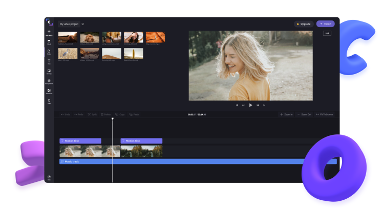Clipchamp video editörünün ekran görüntüsü. Hareketli başlıklar, video klipler ve bir müzik parçası zaman çizelgesinde düzenleniyor.