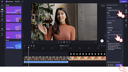 Ein Text-zu-Sprache-Voiceover über Einstellungen in Clipchamp generieren