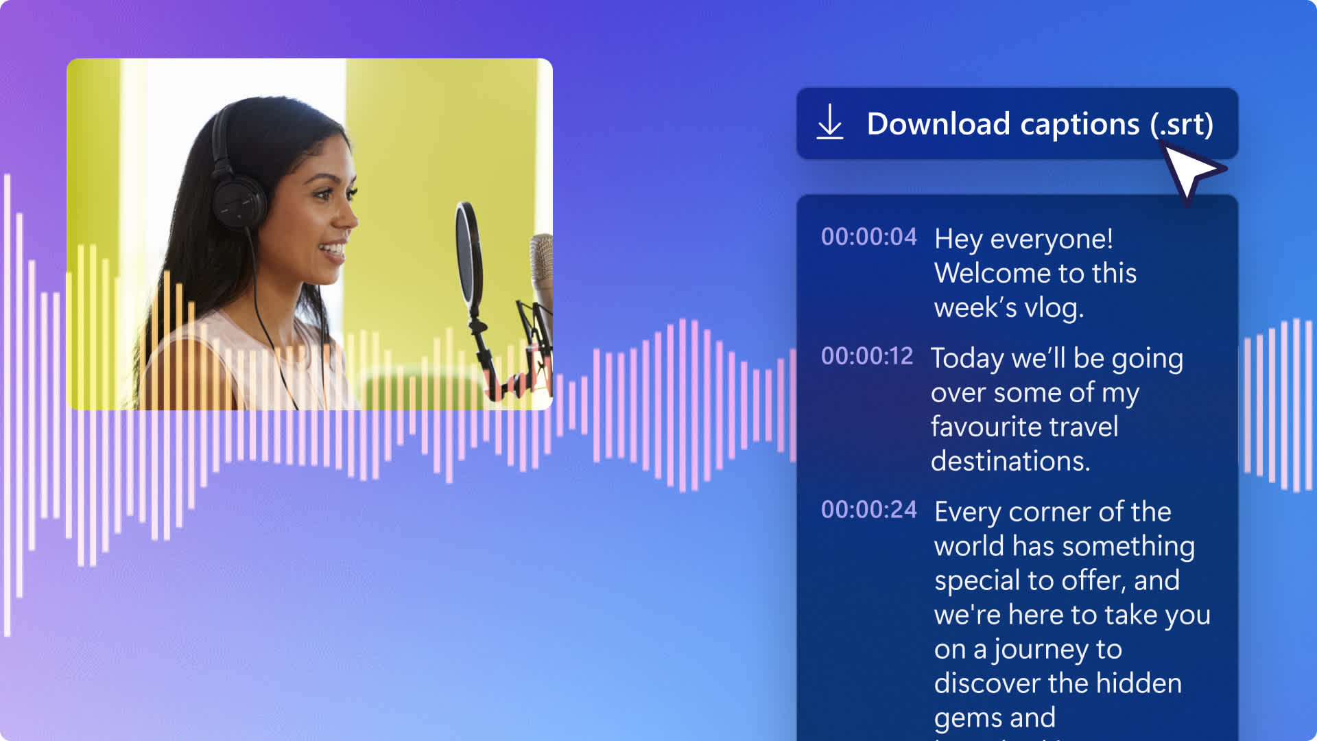 Image of a video podcast with a single speaker, audio waveforms and transcript