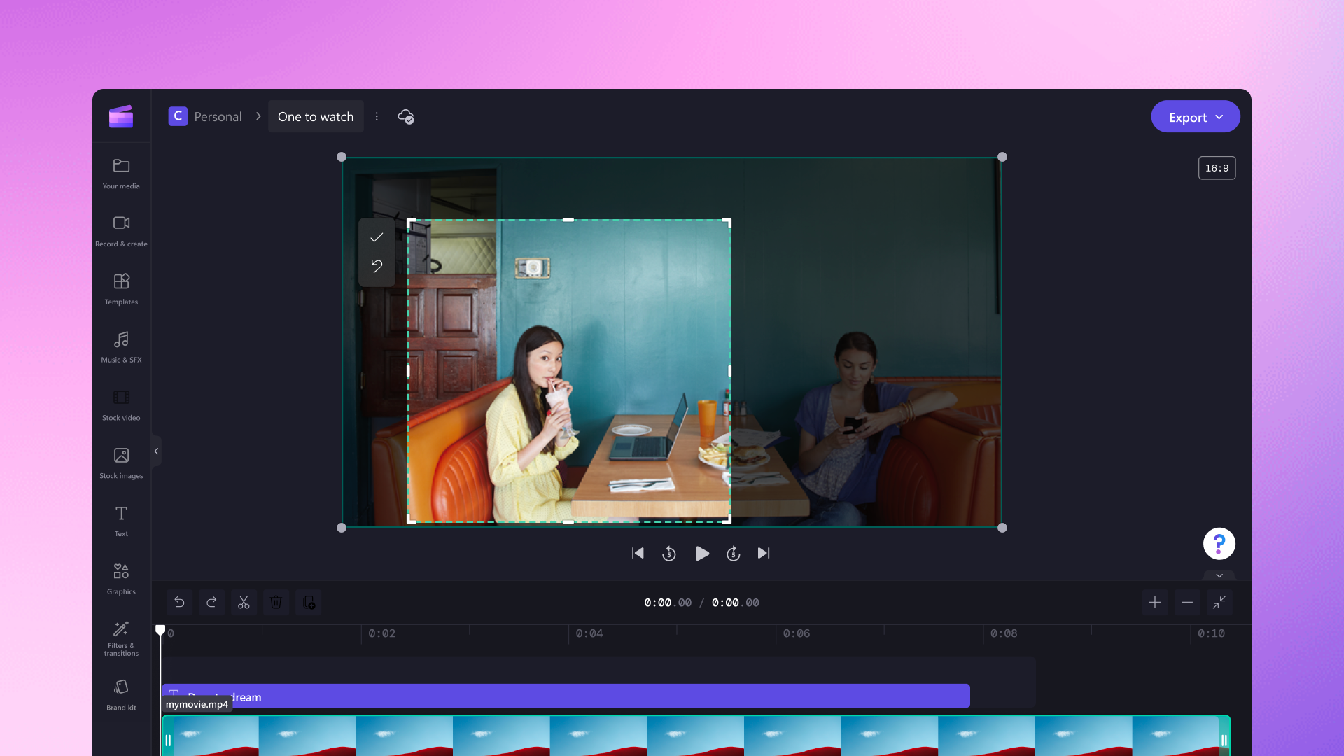An image of cropping tool focusing on a girl drinking a milkshake at a cafe to exclude unwanted footage from the video frame.